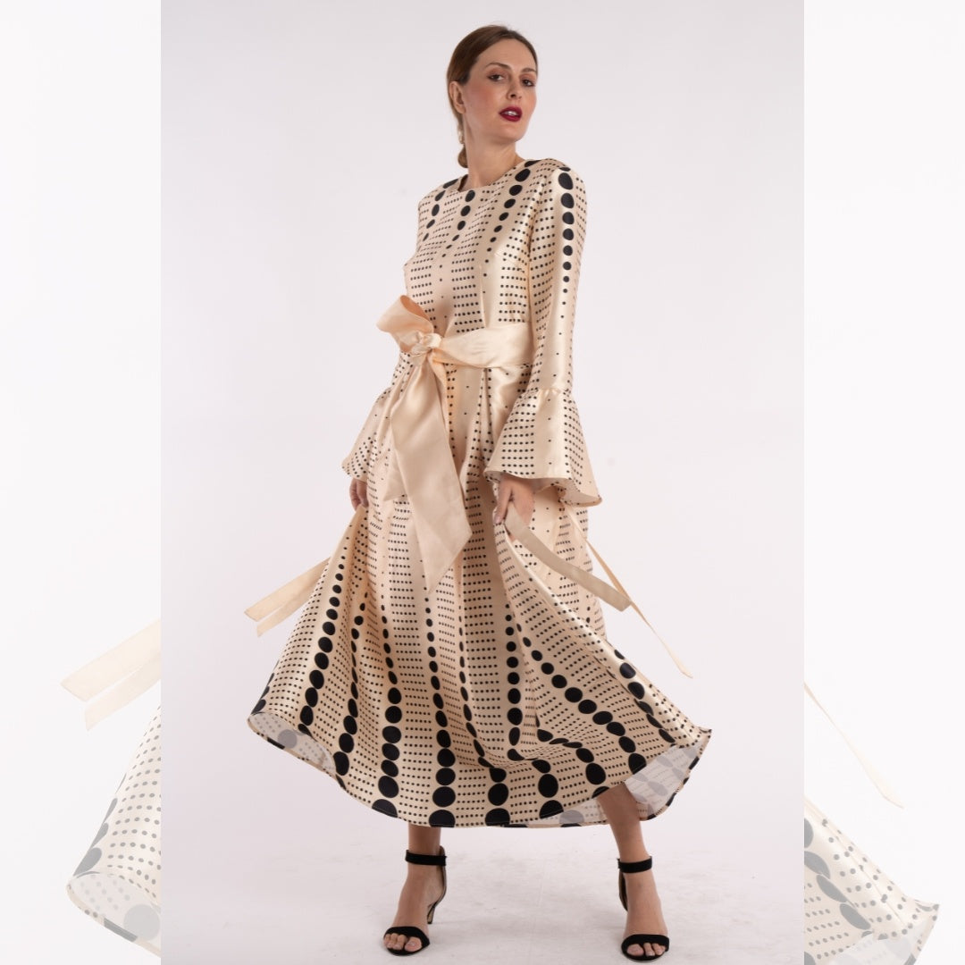 Unknown Midi Dress Beige with Black Dots