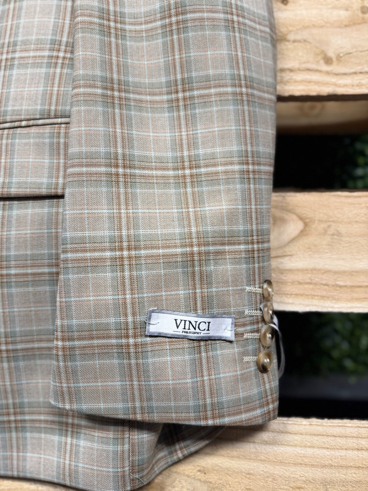 Vinci 3pc Suit 48R / 42W Beige Plaid