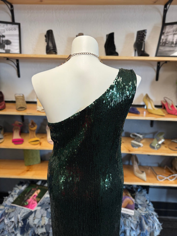 Nanette Evening Dress 14 Green with red accents on the necklace