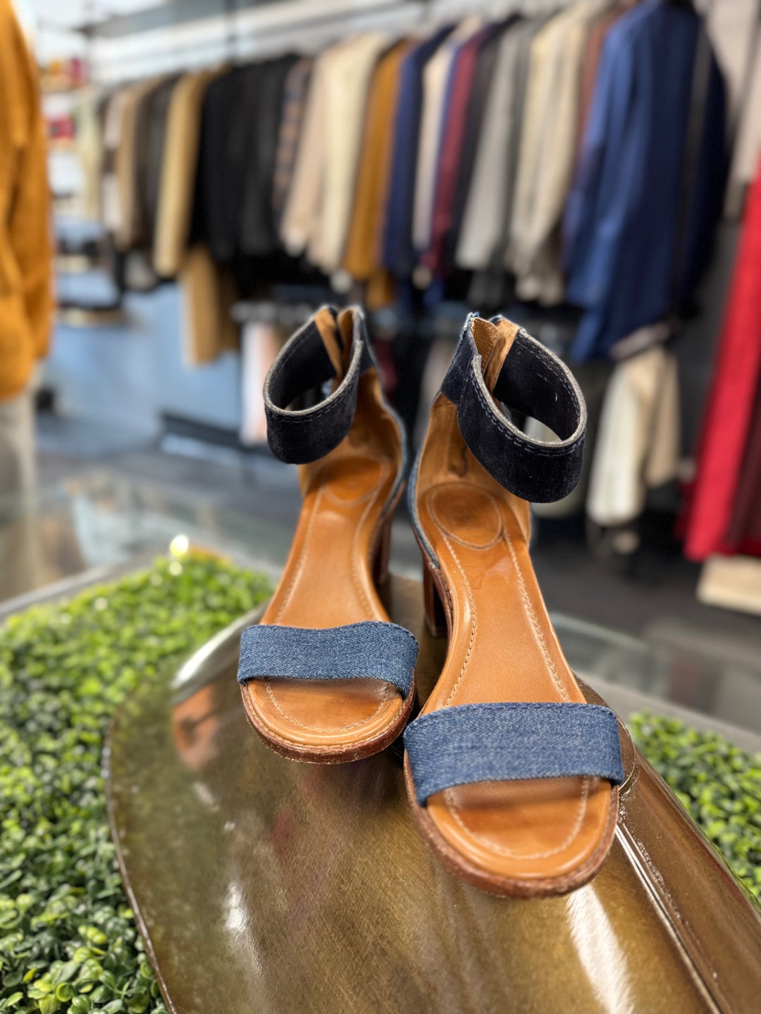 FRYE Sandals 7 Brown and Denim Blue