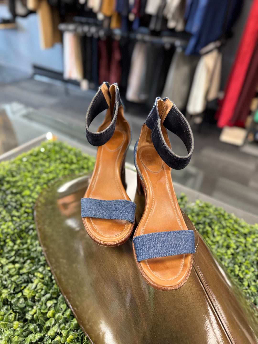 FRYE Sandals 7 Brown and Denim Blue
