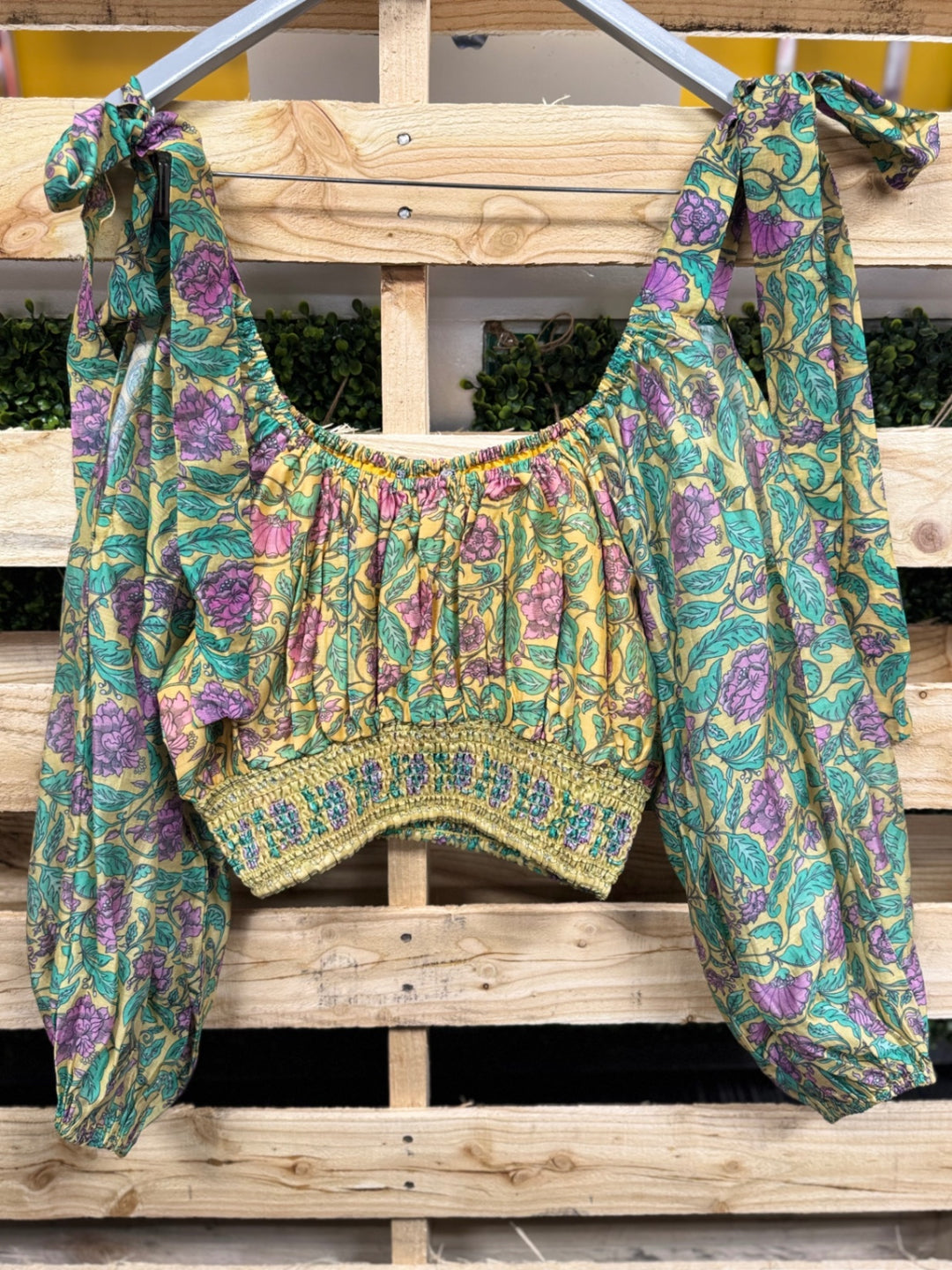 Just Bellina Top SM Yellow with purple and green floral print