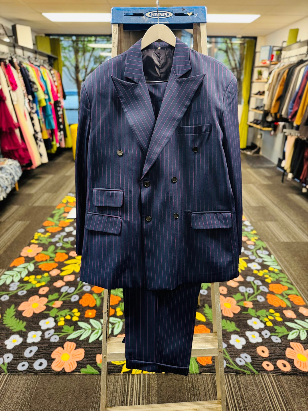 Be Uplifted Collection Men Suits 52L Dark Blue w/Pink Pinstripes