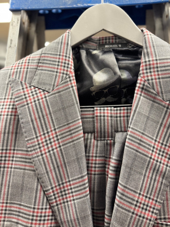 Michael’s Custom 2pc Men's Suit - 50L Gray/Red/Black Plaid