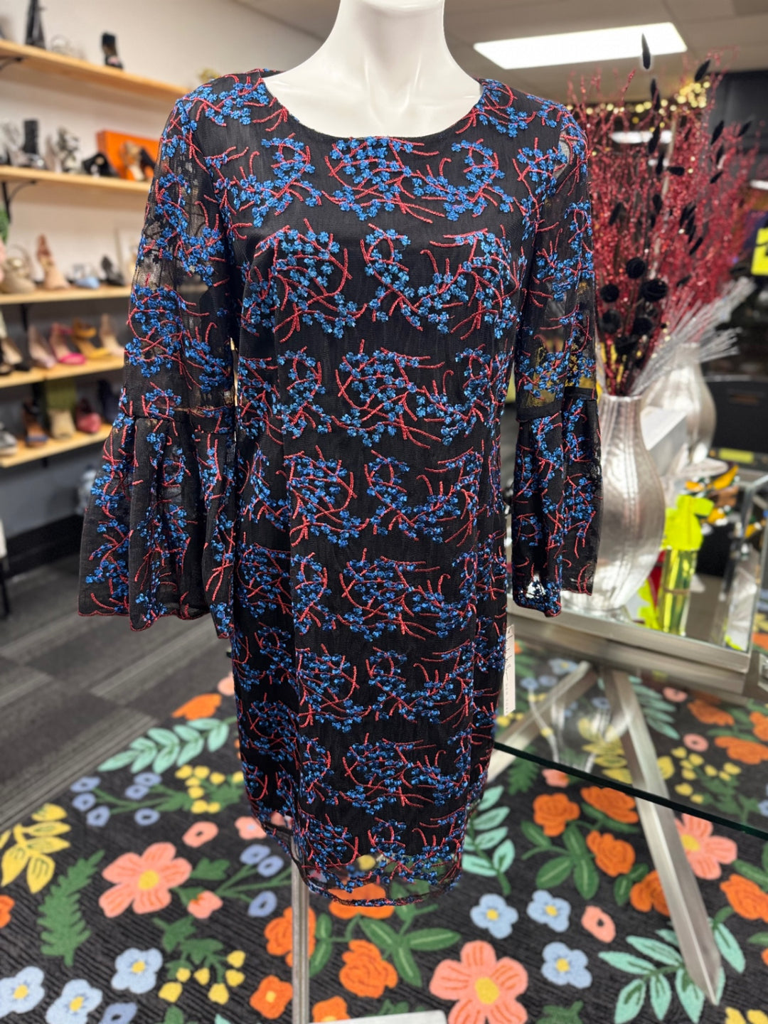 Nicole Miller Women's Dress 14 Black with blue and red embroidery