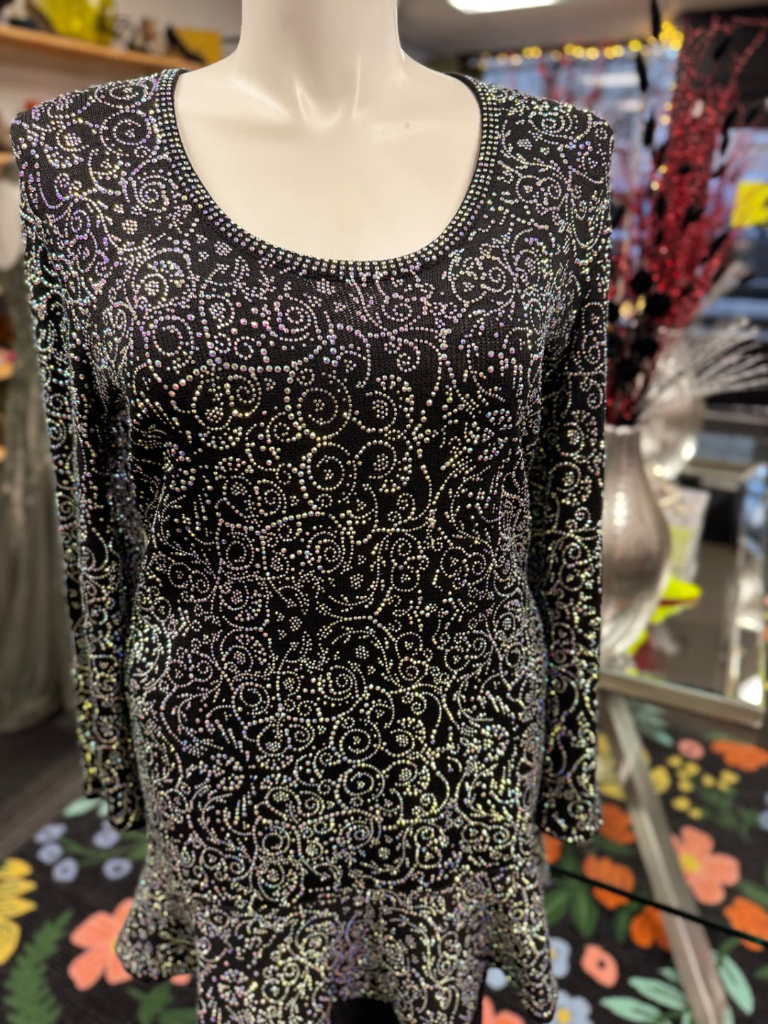 “K” Knit Peplum Top 2X Black Iridescent