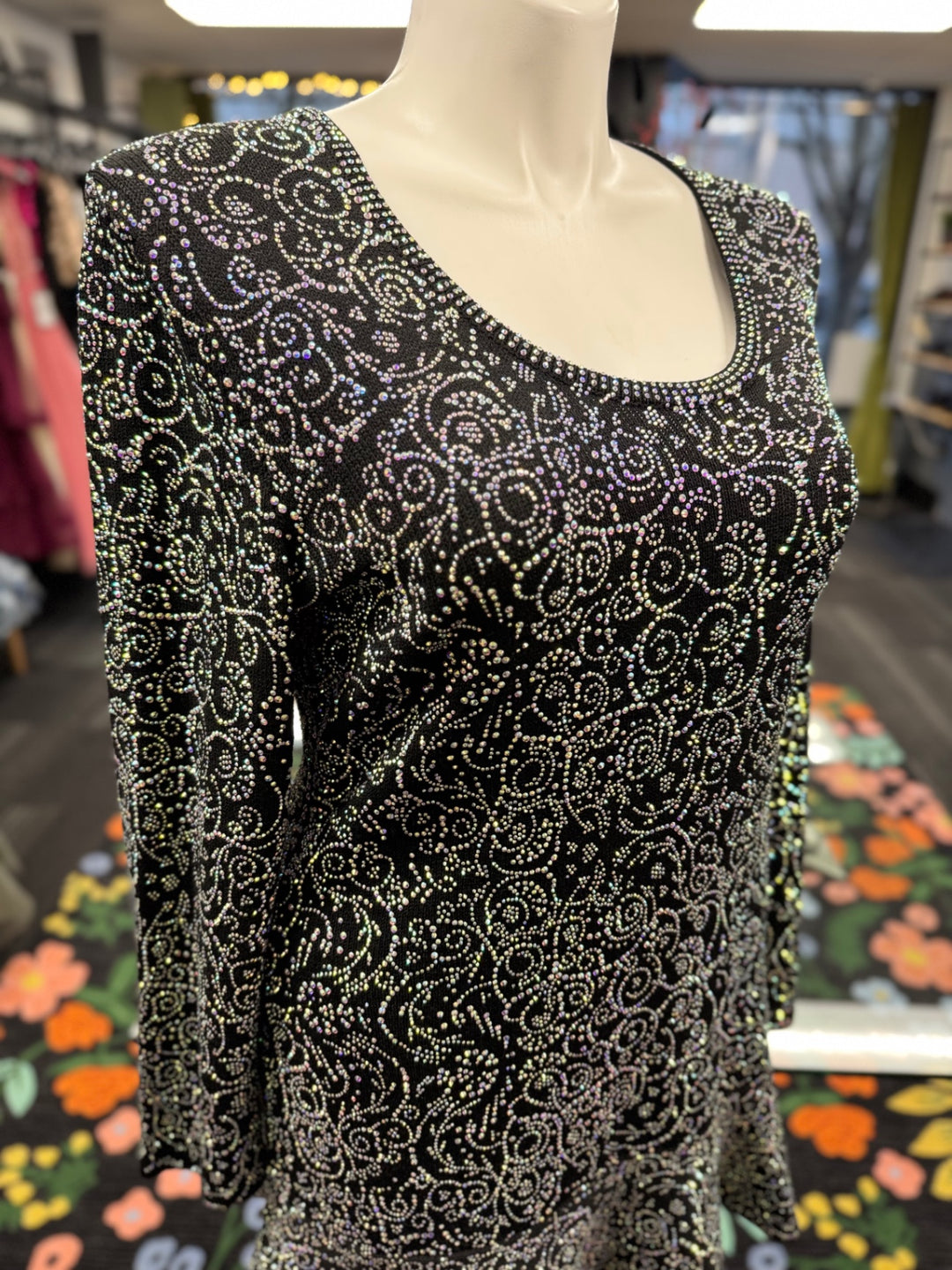 “K” Knit Peplum Top 2X Black Iridescent