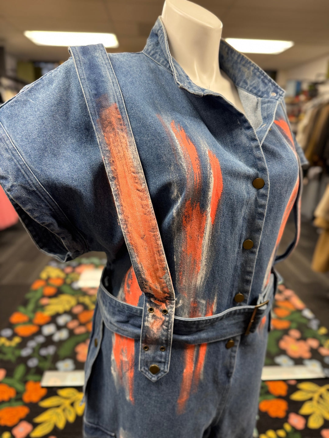 L’ATISTE Women's Denim Jumper 2X Blue/Orange Paint