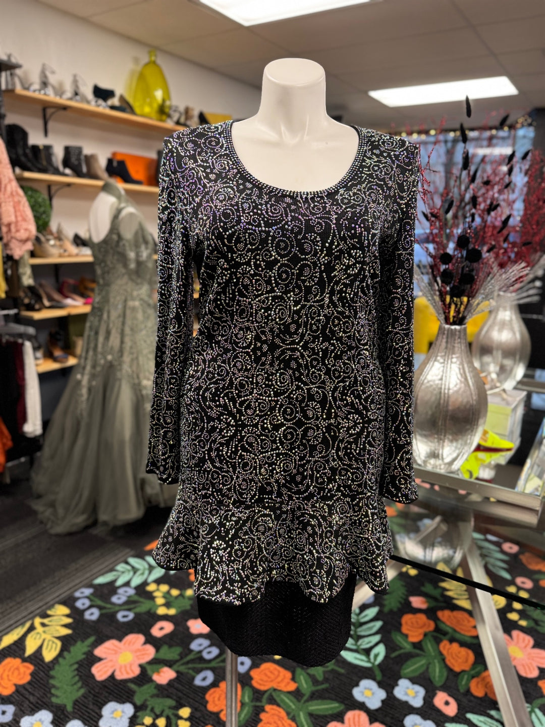 “K” Knit Peplum Top 2X Black Iridescent