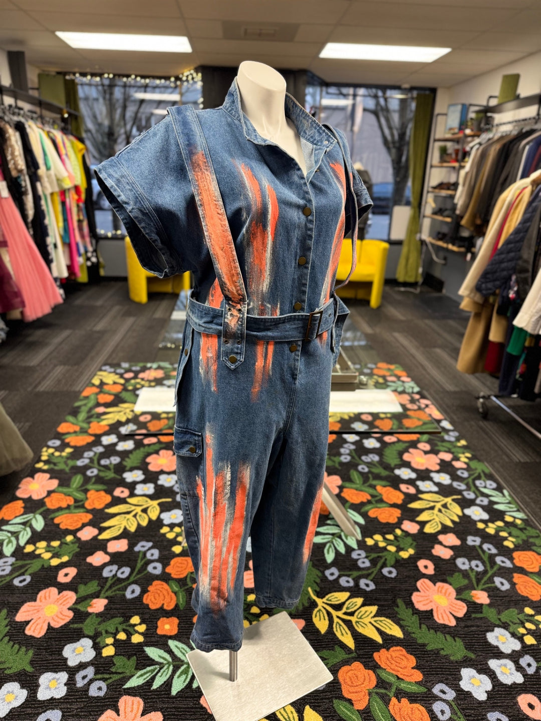 L’ATISTE Women's Denim Jumper 2X Blue/Orange Paint