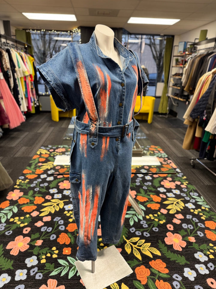 L’ATISTE Women's Denim Jumper 2X Blue/Orange Paint