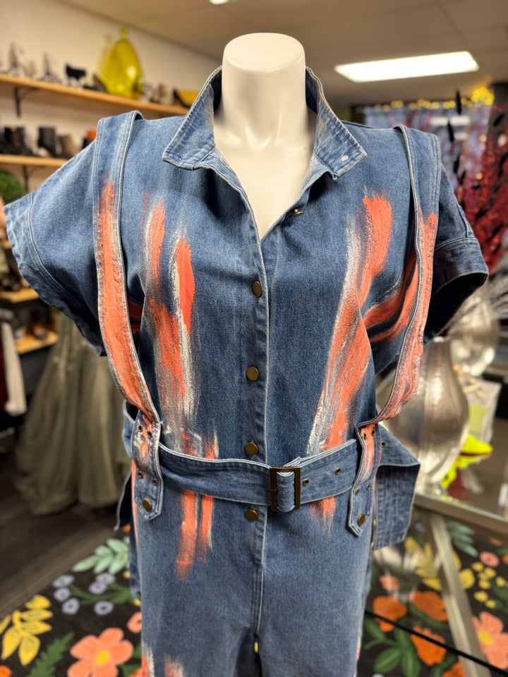 L’ATISTE Women's Denim Jumper 2X Blue/Orange Paint