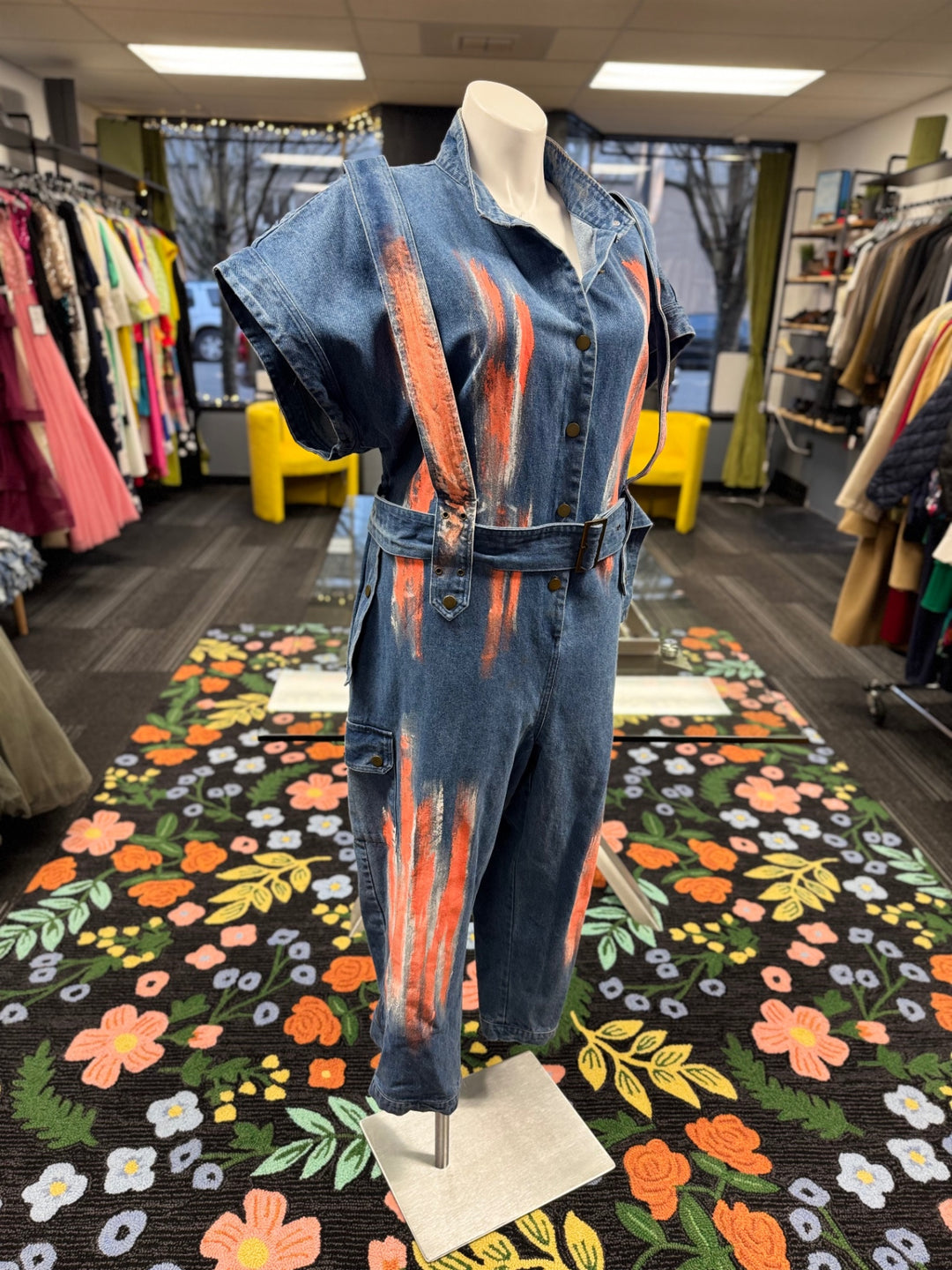 L’ATISTE Women's Denim Jumper 2X Blue/Orange Paint