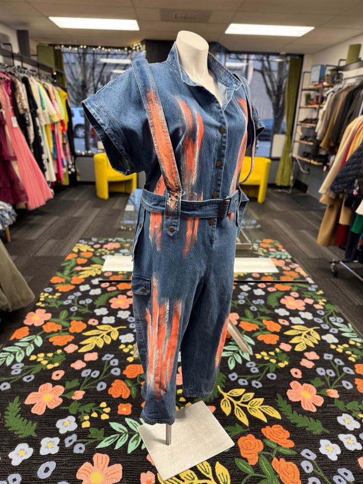 L’ATISTE Women's Denim Jumper 2X Blue/Orange Paint