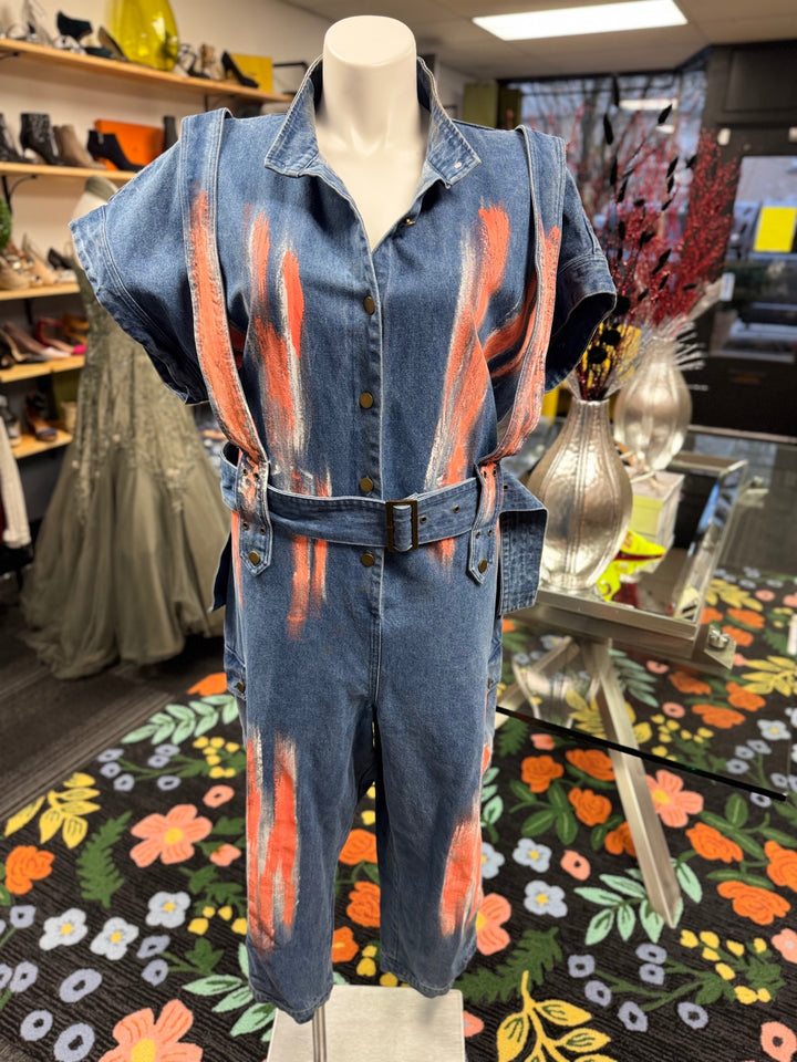 L’ATISTE Women's Denim Jumper 2X Blue/Orange Paint