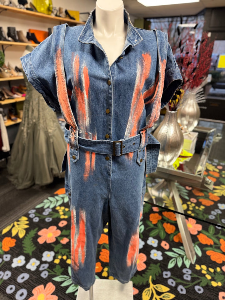 L’ATISTE Women's Denim Jumper 2X Blue/Orange Paint