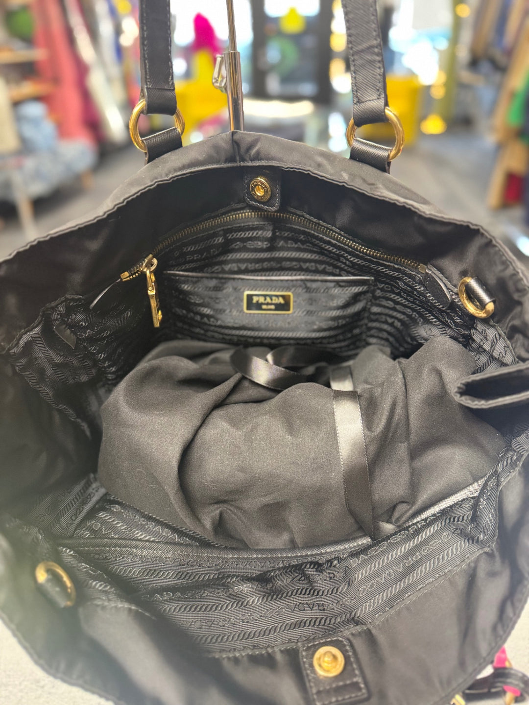 Authentic ~ Prada Nylon & Black Leather Tote 