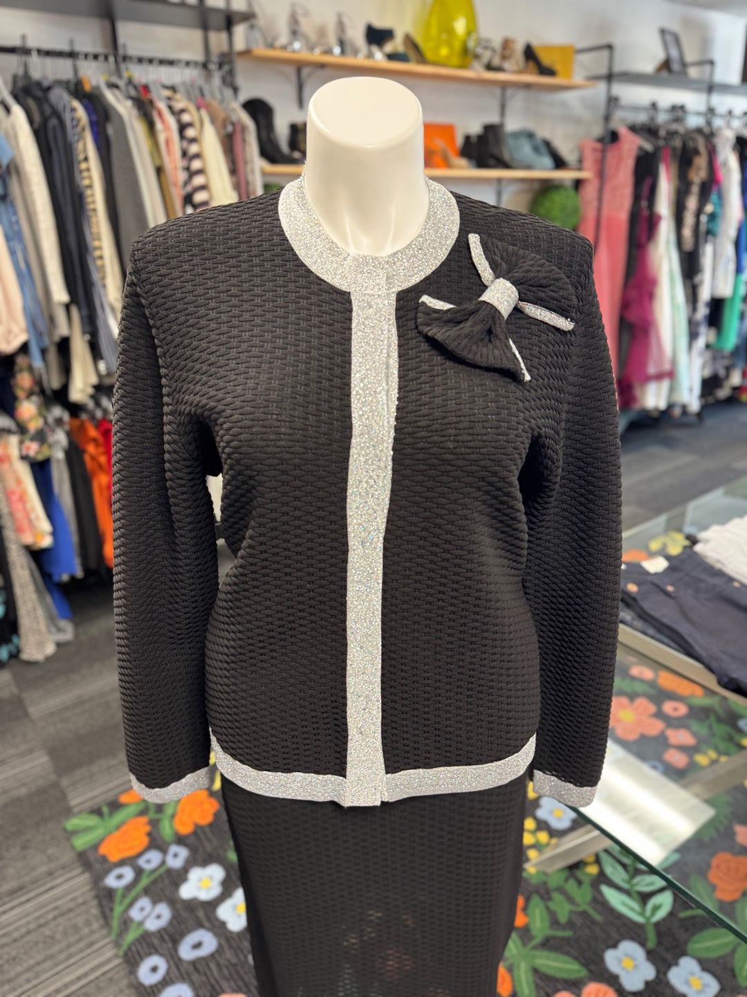 KNY By Kourosh Women's Knit 2pc Suit Black & Silver
